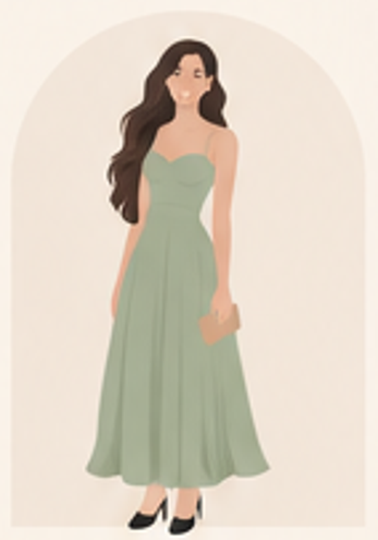 Ilustración de mujer con vestido largo verde salvia